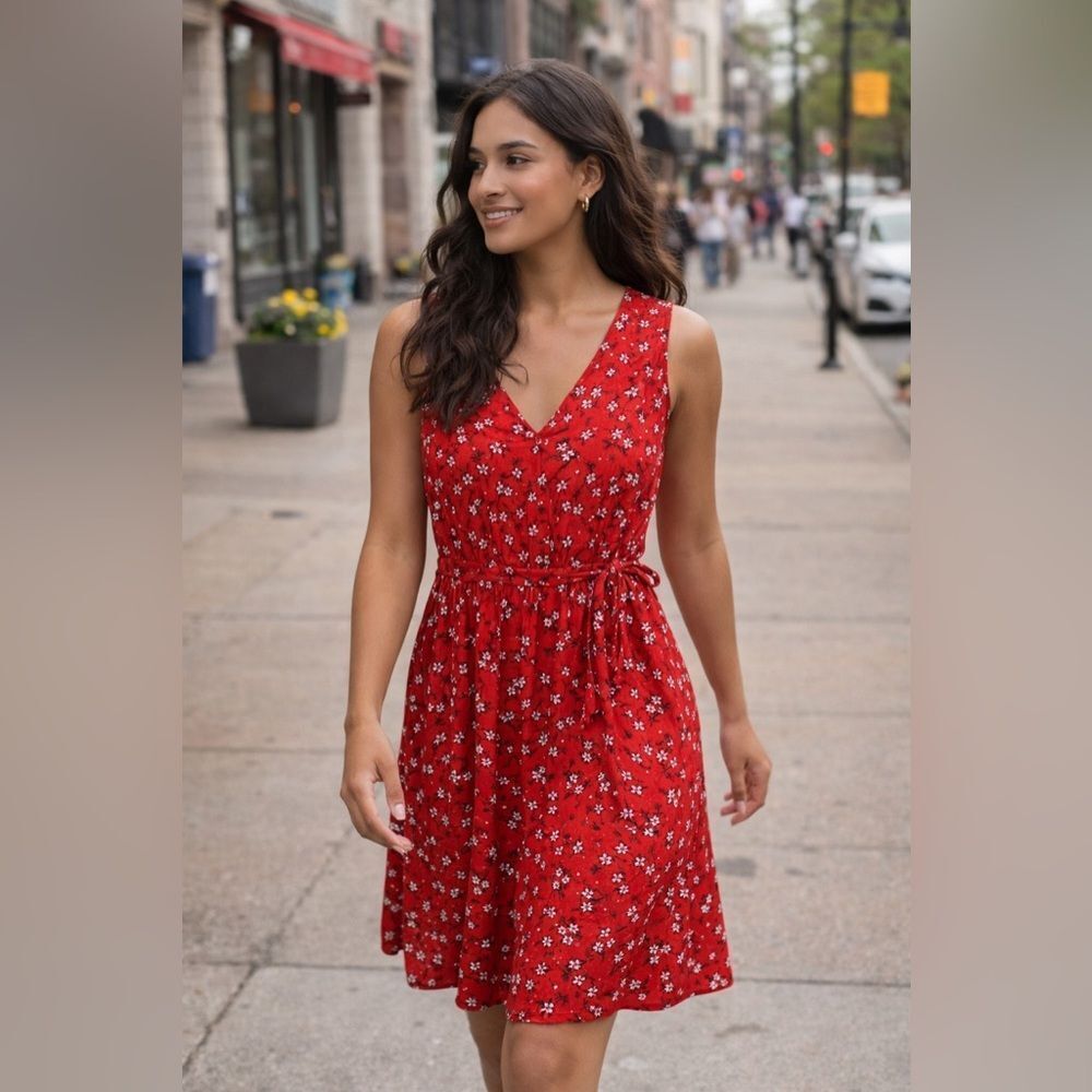 Mercer & Madison Red Sleeveless Floral Summer Dress Cinched Waist Size 2